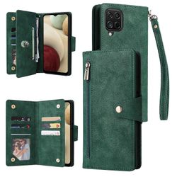 Foxdock Yhteensopiva Samsung Galaxy A12 Case PU -nahkaisen magneettisen käännettävän vetoketjullisen kortinhaltijan lompakon kannen kanssa Vihreä