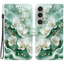 Sony Xperia 1 VI -kotelon kuviotulostukselle, anti-drop-nahkainen käännettävä lompakko, puhelimen kansi kaulanauhalla - Monivärinen Jade Flower