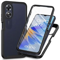 Oppo A17 4G iskunkestävä PC + TPU-puhelinkotelo läpinäkyvä puhelimen kansi PET-näytönsuojalla Musta