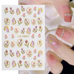 Elegant tulipan blomst nail art klistremerke 3d sjarm rosa blå floral forgylt