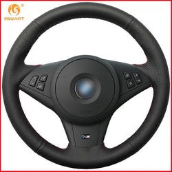 Musta aitonahkainen auton ohjauspyörän suojus BMW E60 530i E63 E64 635D lisävarusteisiin Tummansininen lanka