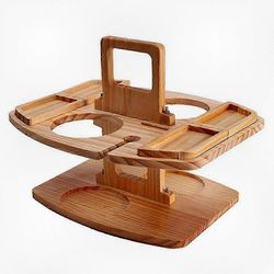 Kannettava viinipiknikpöytä 2 in 1 puinen viinipöytä, samppanjapiknik-välipalapöytä, joka sopii ulkoiluun, rantaretkille Puun syyväri