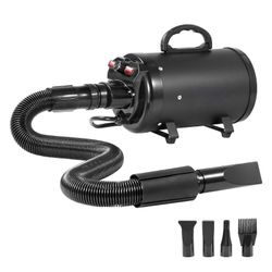 Succebuy Koiran kuivausrumpu, 2000W / 2.7HP koiran fööni, lemmikkieläinten hiustenkuivaaja, jossa 4 suutinta ja pidennettävä letku, musta