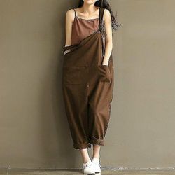 kvinners løs dungarees jumpsuit oversize baggy overalls strappy mote bukser svart 2XL