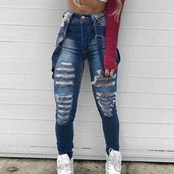 Dame Denim Bib Overalls High Waist Ripped Hole Pants Jeans Jumpsuits Og Blå XXXL