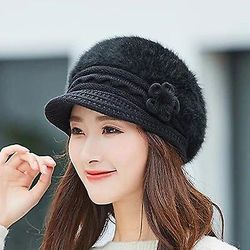 Vinter Høst Beret Lue For kvinner Ull Strikket Lue For mamma Kanin Pels Beret Solid Fashion Lady Cap Fall Lue Kvinne Cap Svart 55-59cm