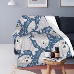 Kerota Søt sel og fisk Kast teppe flanell fleece teppe ultra myk seng teppe for sofa sofa reise sengetøy hjem dekor air condition teppe for k 80x60...