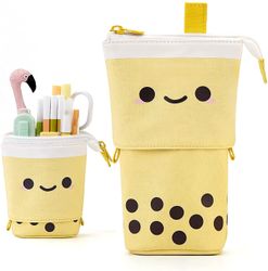 Linkrunning Penalhus Stående penneholder Teleskopisk makeuppose Pop Up kosmetiktaske med Kawaii Smile Face Papirvarer etui Kontor for studerende (gul)