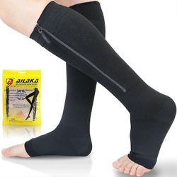 Ailaka 1 pari vetoketjulliset kompressiosukat 20-30 mmhg naisille ja miehille Plus-koko, polvi korkea, avokärkinen, tukeva tuki valmistunut Musta M