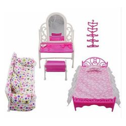 3 stk Sett Møbler Doll Bed Dressing Table Sofa Tilbehør Moderne Bord Kjøleskap Garderobe For Barbie Møbler Spisestue Home T Z0p6