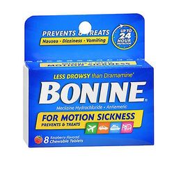 Bonine Motion Sickness Tyggetabletter Raspberry Flavored, 8 faner (pakke med 1)