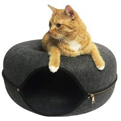 Premium filt kattesenghule - Stor imiteret læder trimmet filtkattehule, filtseng, filtseng til katte og killinger SORT