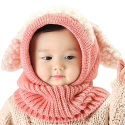 Liltop Baby Varm strikket sød lam hat får hals varmere hætte hue småbørn hovedbeklædning Pink