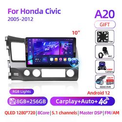 Bicaco Android 12 8 Core Car Radio Stereo med GPS Wifi Carplay Auto, dsp AM / fm / rds Media Player 2 Din, 4g, For Honda Civic 2005 - 2012 A20 8 25...