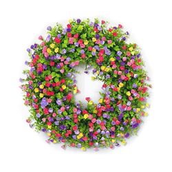 Värikäs mökkiseppele ulko-ovelle, luonnollinen viiniköynnösseppele eukalyptusvehreydellä ja leinikkeillä, kevään kesäkoristelu, 30cm