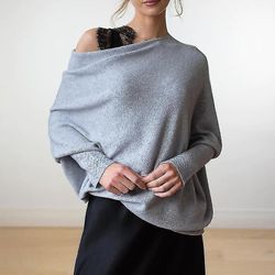 Asymmetrisk draperad tröja, en tröja så ultramjuk som molnen Damer Långärmad Slouch Batwing Vanlig Mjuk Stickad Tröja grå