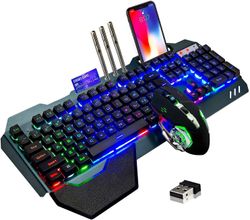 Kabelløse Gaming-tastatur und -maus, Regenbogenfarbene, Hintergrundbeleuchtete, Wiederaufladbare tastaturmaus mit 3800-mah-akku, Metallplatte, Abnehmb