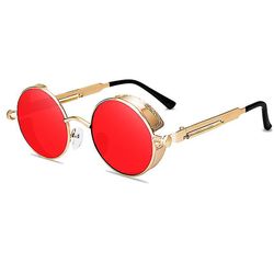 Steampunk solbriller Vintage Retro Mænd Kvinder Circle Cyberpunk Briller Guld ramme røde linser
