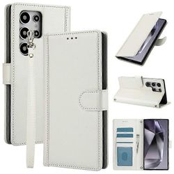 SY-003 yhteensopiva Samsung Galaxy S25 Ultra -kotelon kanssa PU-nahkajalusta View puhelimen lompakon kansi käsihihnalla Valkoinen