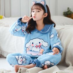 Fsu Kawaii Sanrioed Cinnamoroll Barn Coral Velvet pyjamas Boys Girls Winter Warm Anime Cartoon Sleepwear Kids Home Klær Gift 14(130-137cm)