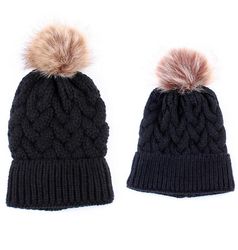 Handuo 2 Pack Forældre-barn Hat Varm Strik Pom Pom Beanie sort