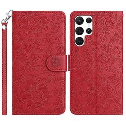 Yhteensopiva Samsung Galaxy S23 Ultra -kotelon kanssa Flower Imprint Nahkainen Flip Lompakko Puhelimen Kansi Rannehihnalla Punainen