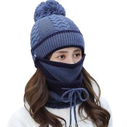Besser Winter Lady 3pcs Strik Pom Hat Tørklæde Ansigtsmaske Sæt Marineblå