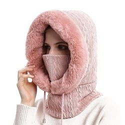 Yunshu Kvinders vindtæt fleece foret termisk hætte vinter ansigt cover hat Pink