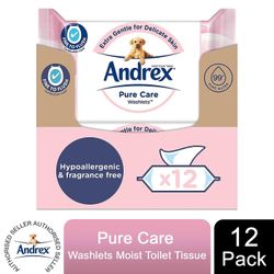 Andrex Washlets Pure Care Biologisk nedbrydelige & skyllelige toiletservietter, 12 stk