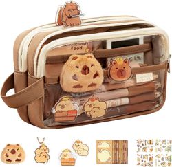 Söpö Capybara-penaali ja -laukku | Kirkas penaali lokeroilla | Pehmeä sarjakuvapaperipussi lapsille