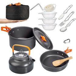 OVERMONT Camping Kochgeschirr Set Outdoor Geschirr Set Kochtopf Set Grillgeschirr Picknick Topf mit Kaffeekanne Teekanne Aluminium tyyli932