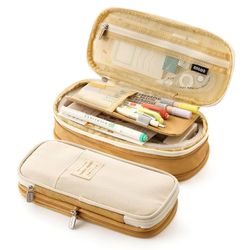 Varychmoo Stor kapacitet Lærred Penalhus studerende Zip Up Pen Blyant Taske Organizer Lys Khaki