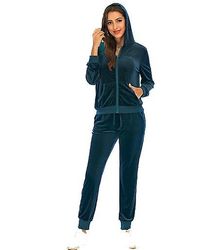 Handuo Vinter outfits til kvinder 2 piece sweatsuits Fleece Sherpa Foret Zip-up Hættetrøje Jogger Træningsdragt marineblå XL