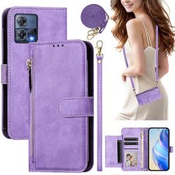 Foxdock Flip Case Motorola Edge 30 Fusion Protection Pehmeä PU-nahkainen vetoketjullinen lompakon kansi korttipidikkeellä ja pitkällä hihnalla Viol...