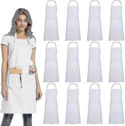 Evago 12-pack Plain Bib Förkläden med 2 Fickor - Svart Unisex kommersiellt förkläde Bulk A A Vit