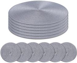 Augro Runde dækkeservietter og coasters sæt med 6 flettede vævede bordmåtter til spisebord (grå)