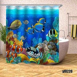 Tropisk fisk dusjforheng undervanns skilpadde vanntette gardiner for bad badekar deksel bredt bredt 12pcs kroker Farge mønster 1 W180xH200cm