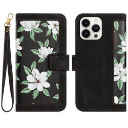 Foxdock Kompatibel med Iphone 14 Pro Max Vintage Flower Wallet Case Magnetisk lukkedeksel med kortspor Svart