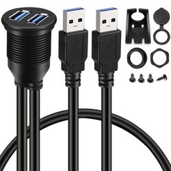 2 porttia Kaksi USB 3.0 AUX -uppoasennettavaa autotelineen jatkokaapelia autoon, kuorma-autoon, veneeseen, moottoripyörään, dashboon