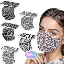 Engangs ansiktsmaske leopard 50pcs, 3 lag komfortabel maske for voksne