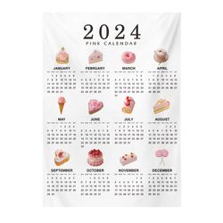 ZHOUBA Vuoden 2024 seinäkalenteri 12 kuukautta Suuri pehmeä seinälle ripustettava kuvakudos tausta koristekangas uudenvuoden gif K