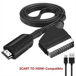 VAORLO HDMI-Compatibel til SCART-kabel SCART-HDMI-kompatibel utgangsvideo lydkonverteradapter for HDTV DVD For Sky Box STB Plug and Play DC-kabler