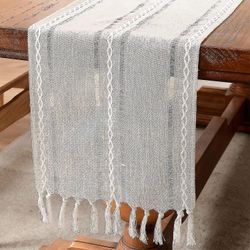 Rustikk Hemstitch Table Runner, lin våningshus bordløpere 72 inches lang med dusker for spisestue kjøkken salongbord dekor, fest og dresser deco