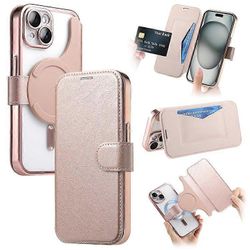 Yhteensopiva iPhone 15 -kotelon kanssa Yhteensopiva MagSafe-irrotettavan nahkaisen puhelimen kuoren kanssa linssikalvolla VaaleanpunainenKulta