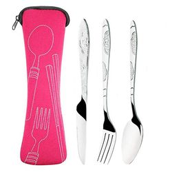 3pcs / sæt rustfrit stål Bærbare Travel Camping Bestik Service Sæt med Rose Red Bag