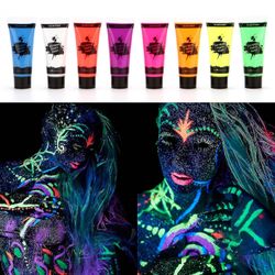 8 rør 10ml/0.34oz UV Neon Face & Body Paint 8 farger Neon fluorescerende UV Blacklight Glow Safe giftfri Bodypaint For Halloween Costume Makeup Club