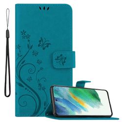 Samsung Galaxy S21 FE -suojakotelo - kukkakuviolla ja korttipaikalla KUKKA SININEN