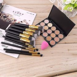 15-farver Makeup Concealer Palette + 10pcs Pensler Sæt Tool + Sponge Puff