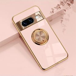 Unbrand Google Pixel 9 Pro XL -kotelolle, jossa rengasjalusta, 360 astetta kääntyvä jalusta, muodikas silikoninen iskunkestävä suojakotelo Vaaleanp...