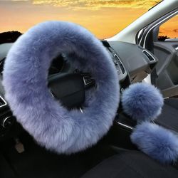 Linkrunning 3pcs Sæt Kvinders Winter Fashion Uld Fur Soft Furry Rat Covers Grå Blå Fluffy håndbremse Cover Gear Shift Cover Fuzz Varm Skridsikker C...